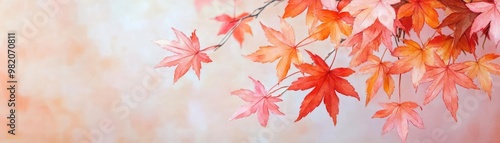 Maple leaves, vibrant reds and oranges, autumn breeze, watercolor style