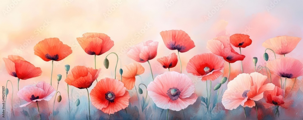 Obraz premium Poppies in a field, vibrant reds, soft landscape, watercolor style