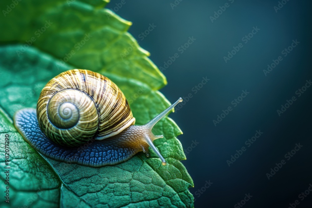 Snail secreting mucin on a green leaf in a tranquil outdoor environment during daylight hours Snail secreting mucin on a green leaf in a tranquil outdoor environment during daylight hours