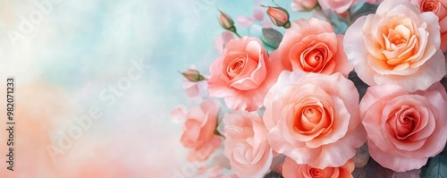 Roses in full bloom, soft brushstrokes, delicate petals, watercolor style
