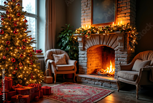 Enchanting Christmas Interior: Glowing Tree, Cozy Fireplace, and Festive Decor for Holiday Marketing and Greeting Cards