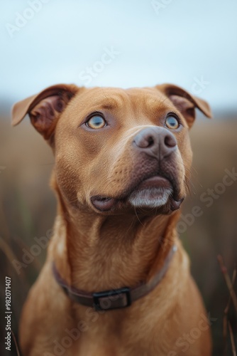 A Focused Brown Dog Gazes Upward, Surrounded by Tall Grass in a Serene Outdoor Setting During an Overcast Day