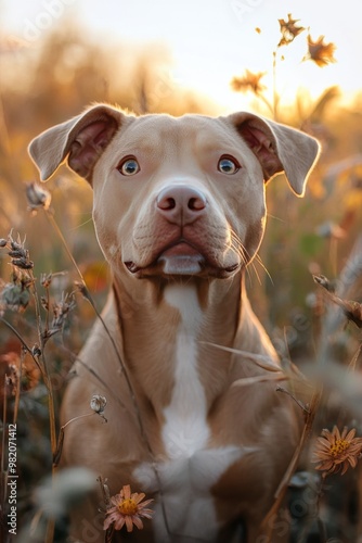 A Joyful Dog Sits in a Field of Wildflowers During a Golden Sunset Near a Serene Landscape