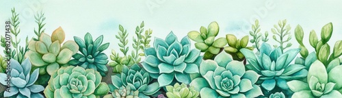 Succulent garden, intricate patterns, soft green hues, botanical watercolor style