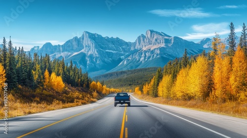 Panoramic view of pickup truck driving on highway through Banff national park, capturing the vibrant autumn forest and majestic rocky mountains under a clear sunny sky.