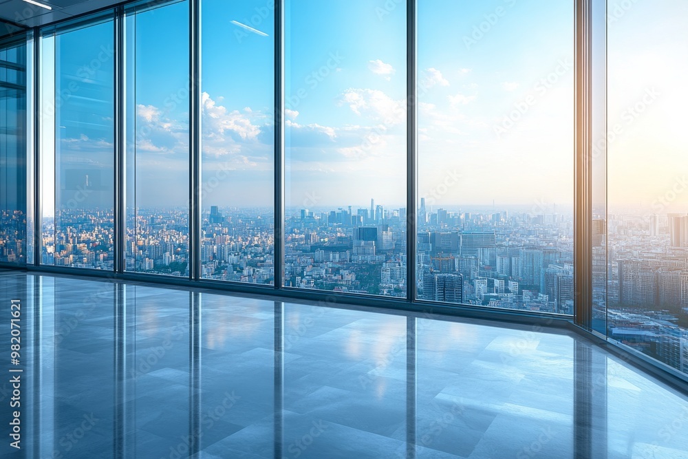 Fototapeta premium Modern Office Space With Large Windows Offering a Panoramic City View at Sunrise