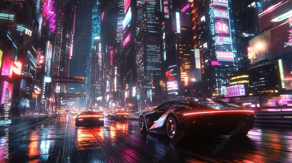 A futuristic city at night with neon lights and cars driving down the street. A futuristic city at night with neon lights and cars driving down the street.