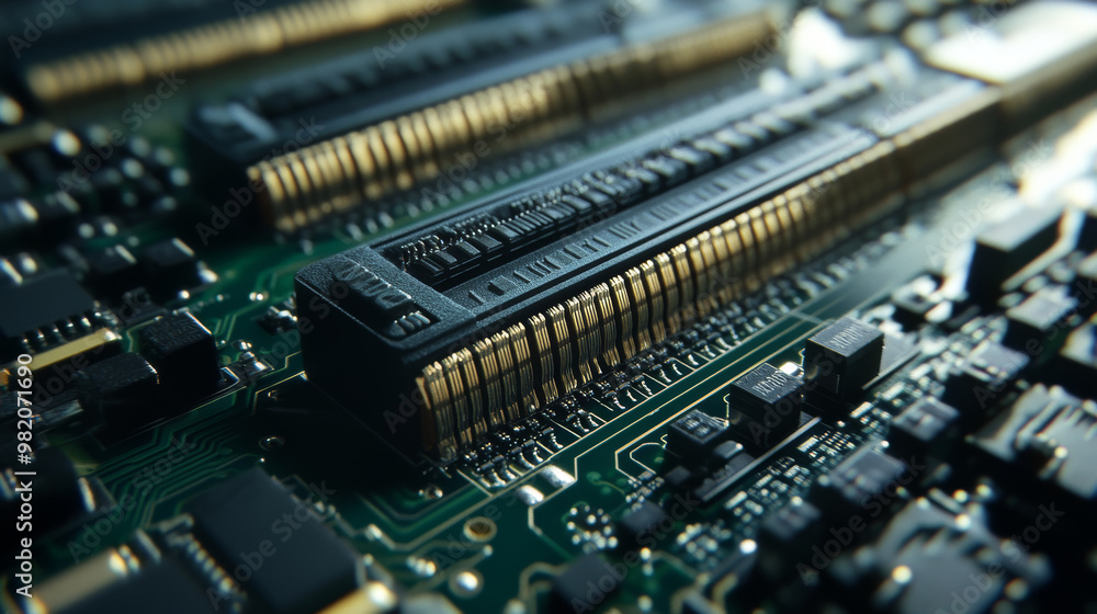 Close-up view of computer RAM, showcasing the intricate components and circuitry that enhance a computer's performance and memory capacity. Close-up view of computer RAM, showcasing the intricate components and circuitry that enhance a computer's performance and memory capacity.
