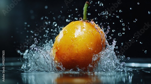 A vibrant orange splashes into water, creating dynamic droplets and ripples.