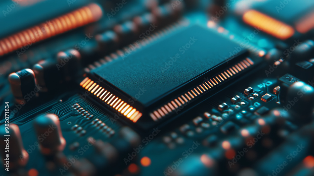 Close-up view of computer RAM, showcasing the intricate components and circuitry that enhance a computer's performance and memory capacity. Close-up view of computer RAM, showcasing the intricate components and circuitry that enhance a computer's performance and memory capacity.