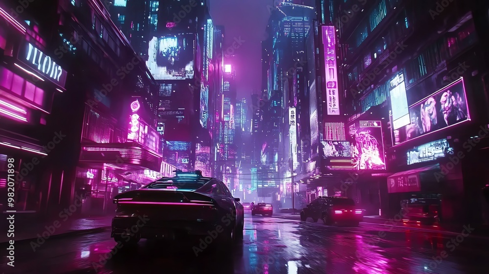 Cyberpunk city at night with neon signs and wet streets. Cyberpunk city at night with neon signs and wet streets.