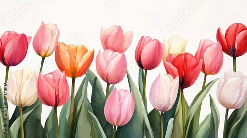 Tulip field, soft brushstrokes, vibrant buds, pastel tones, watercolor style