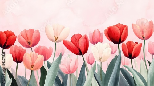 Tulip field, soft brushstrokes, vibrant buds, pastel tones, watercolor style