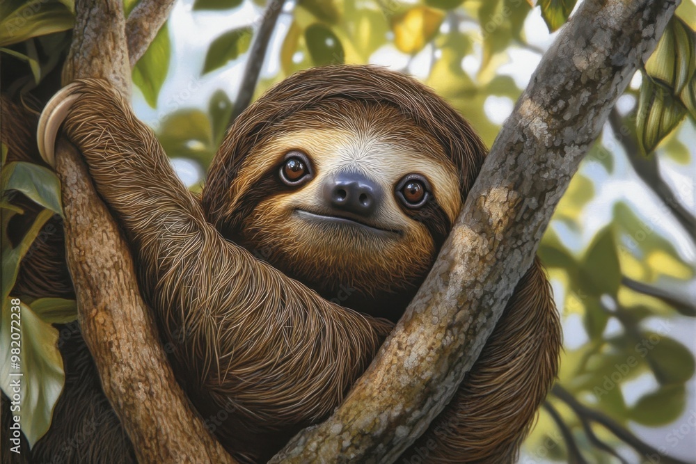 A sloth gracefully hanging from a tree branch in a serene tropical forest filled with lush greenery A sloth gracefully hanging from a tree branch in a serene tropical forest filled with lush greenery