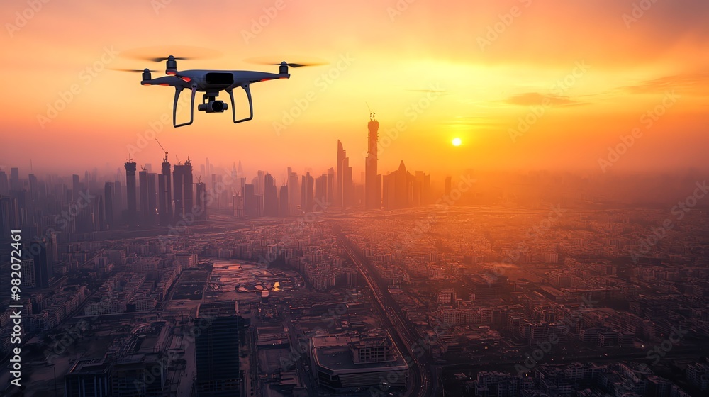 Drone flying over a modern city at sunset. Drone flying over a modern city at sunset.