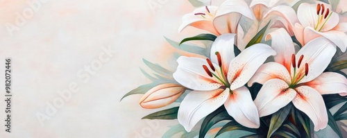 White lilies in full bloom, artistic brushstrokes, soft petals, watercolor style