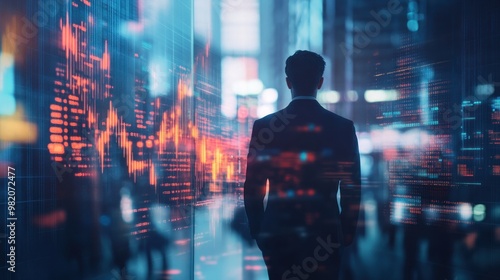 A silhouette of a businessman amidst digital data visualizations, symbolizing finance and technology.