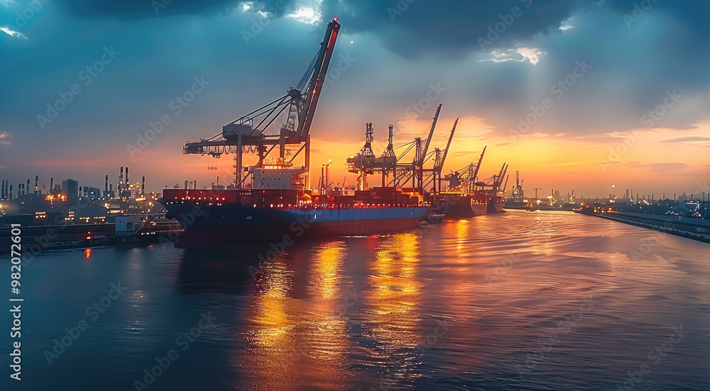 View of the sea port at night, cranes for loading cargo on ships, beautiful sky. Generative AI. View of the sea port at night, cranes for loading cargo on ships, beautiful sky. Generative AI.