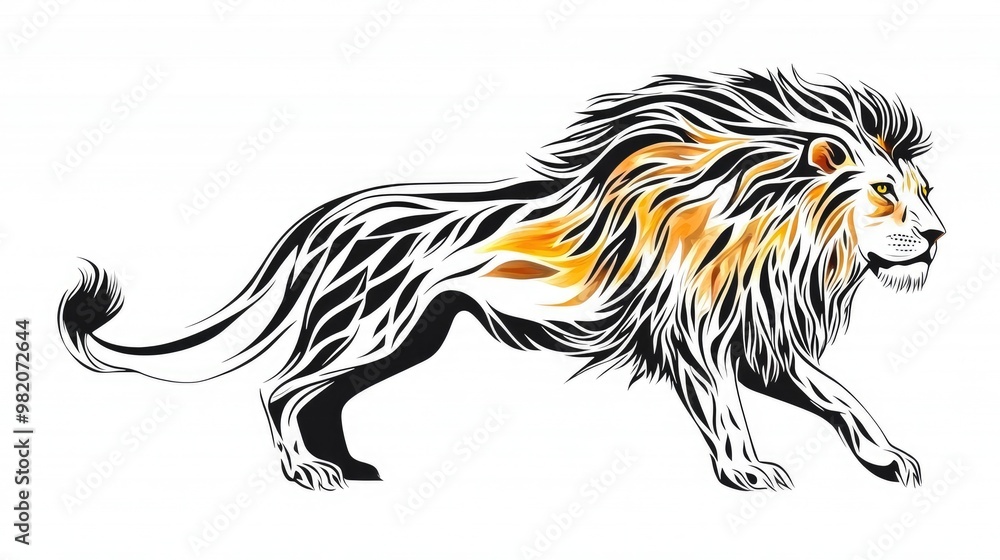 Fototapeta premium Stylized lion vector art with flowing mane and sharp contours, exuding strength and elegance on a crisp white background