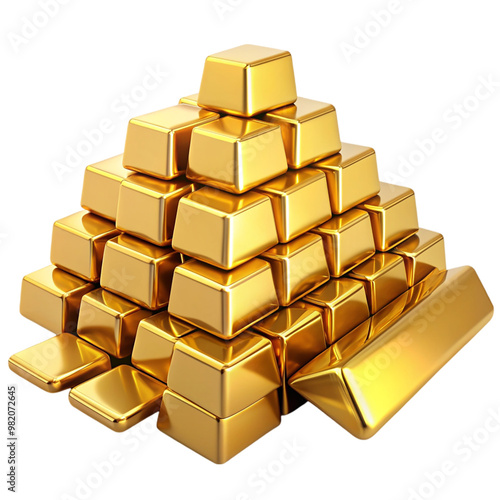 Set of gold bars piles of gold lingots isolated on transparent background. photo