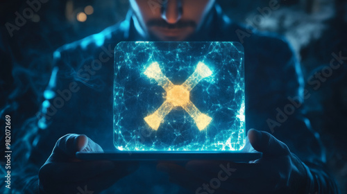 A man interacting with a touchscreen displaying a radioactive label icon, highlighting the international radioactive danger symbol as a warning sign for radioactive materials. photo