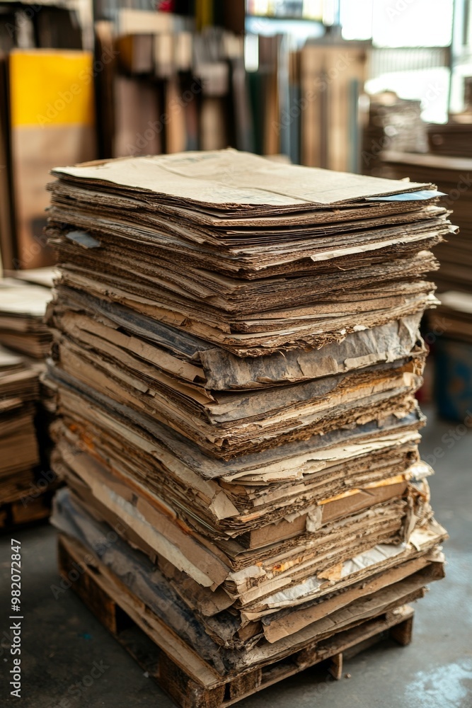 Stacked Piles of Cardboard Awaiting Recycling in a Warehouse Setting During Daylight Hours Stacked Piles of Cardboard Awaiting Recycling in a Warehouse Setting During Daylight Hours