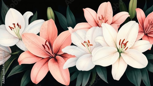 Close-up lilies, expressive art, intricate blooming flowers, watercolor style
