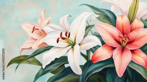 Close-up lilies, expressive art, intricate blooming flowers, watercolor style