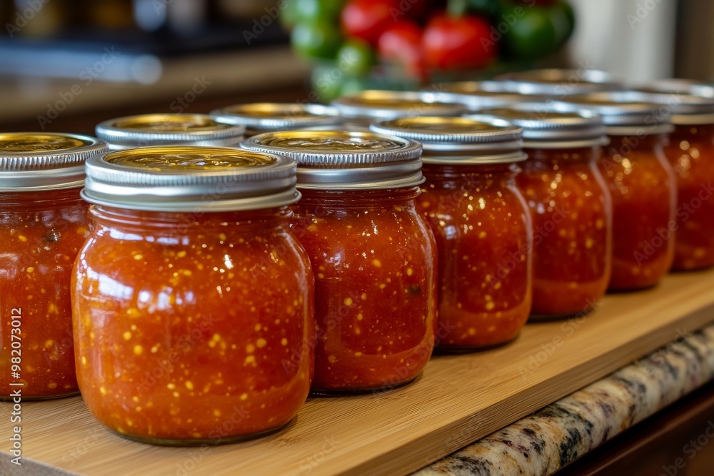 Homemade Tomato Salsa in Glass Jars Lined up on a Kitchen Countertop With Vibrant Vegetables in the Background Homemade Tomato Salsa in Glass Jars Lined up on a Kitchen Countertop With Vibrant Vegetables in the Background
