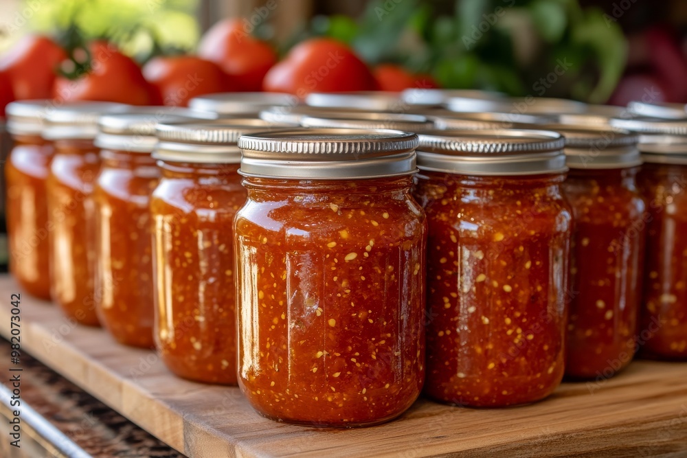 Homemade Jars of Tomato Sauce Displayed on a Wooden Surface With Fresh Tomatoes in the Background During Daylight Hours Homemade Jars of Tomato Sauce Displayed on a Wooden Surface With Fresh Tomatoes in the Background During Daylight Hours