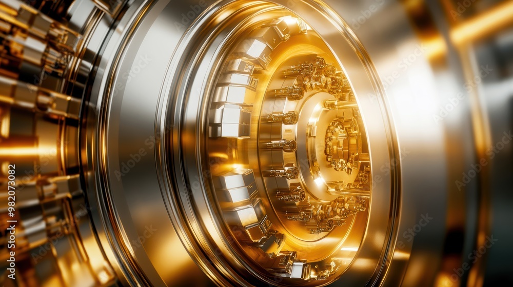 Close-up view of a futuristic metallic device featuring intricate details and a glowing golden interior. Close-up view of a futuristic metallic device featuring intricate details and a glowing golden interior.