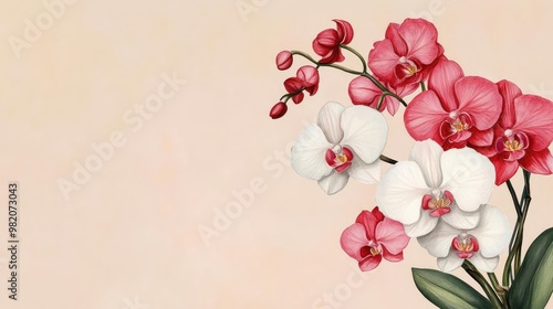 Elegant orchids, sketch-like details, tranquil ambiance, watercolor composition