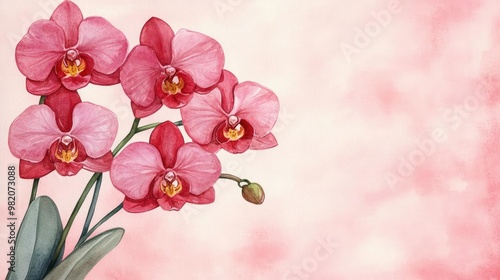 Elegant orchids, sketch-like details, tranquil ambiance, watercolor composition