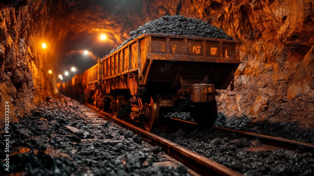 Naklejka premium Coal-filled Mining Carts Travel Through a Dimly Lit Underground Tunnel in an Active Mountain Mine at Dusk
