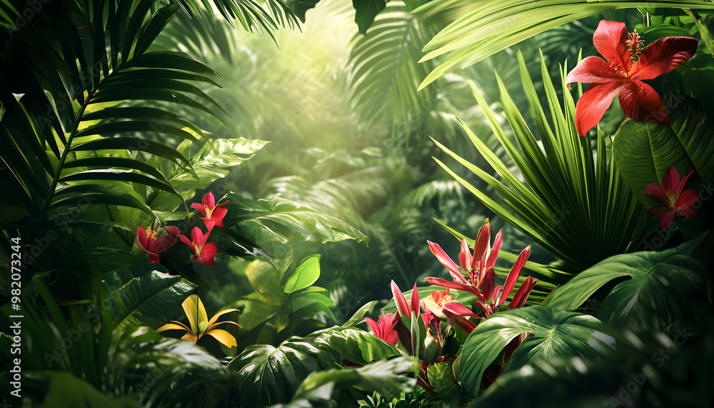 A lush jungle scene with vibrant green leaves and exotic flowers, bringing the warmth of the tropics to your screen A lush jungle scene with vibrant green leaves and exotic flowers, bringing the warmth of the tropics to your screen