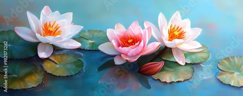 Lilies in a pond, artistic flair, serene blooms, gentle watercolor tones