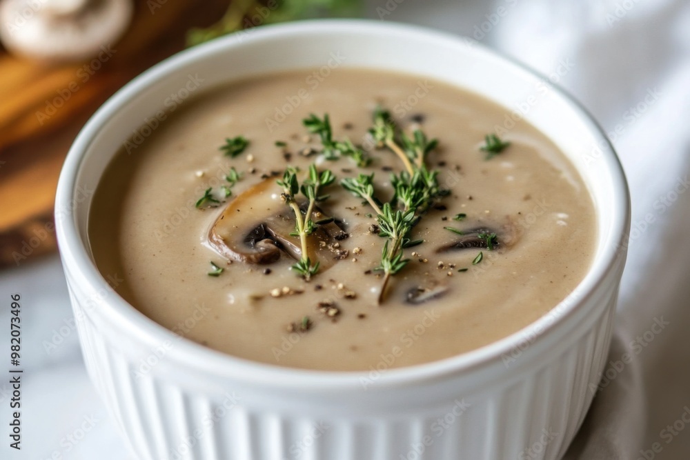 Creamy mushroom soup garnished with fresh thyme in a white bowl, served on a wooden board for a cozy meal setting Creamy mushroom soup garnished with fresh thyme in a white bowl, served on a wooden board for a cozy meal setting