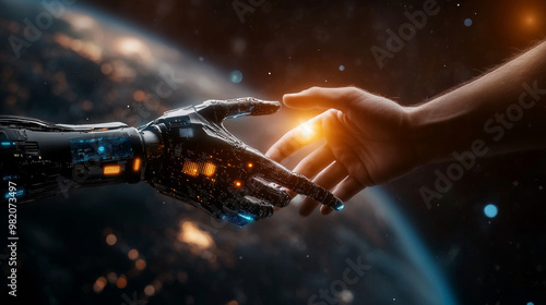 Concept of future technology featuring a robot hand reaching out to touch a human hand, both embracing an Earth icon. This symbolizes the significance of artificial intelligence (AI) in shaping .