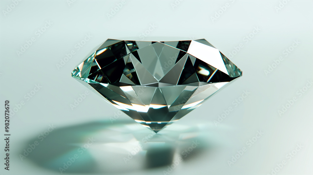 Close-up of a sparkling diamond resting on a reflective surface. Close-up of a sparkling diamond resting on a reflective surface.