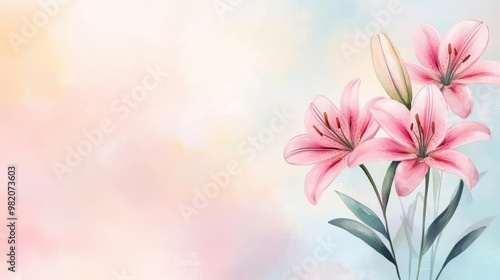 Pink lilies, soft blooms, fluid brushstrokes, elegant art, watercolor style