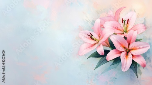 Pink lilies, soft blooms, fluid brushstrokes, elegant art, watercolor style