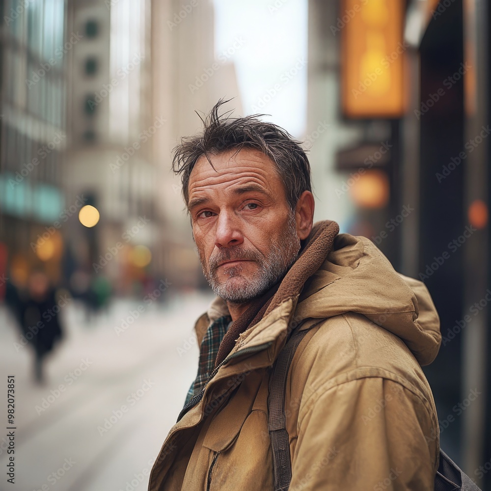 Portrait of a Thoughtful Middle-Aged Man on City Streets - Urban Backdrop for Design and Print Portrait of a Thoughtful Middle-Aged Man on City Streets - Urban Backdrop for Design and Print
