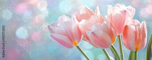 Tulips in bloom, soft pastel buds, subtle brushstrokes, watercolor garden scene