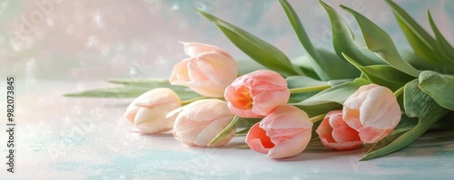 Tulips in bloom, soft pastel buds, subtle brushstrokes, watercolor garden scene