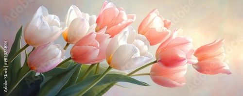 Tulips in bloom, soft pastel buds, subtle brushstrokes, watercolor garden scene