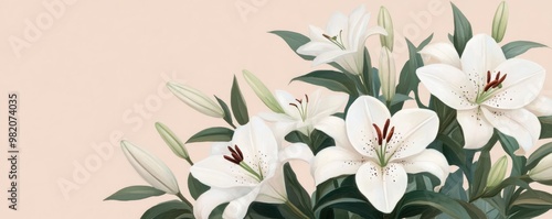 White lilies in full bloom, artistic brushstrokes, soft petals, watercolor style