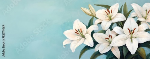 White lilies in full bloom, artistic brushstrokes, soft petals, watercolor style