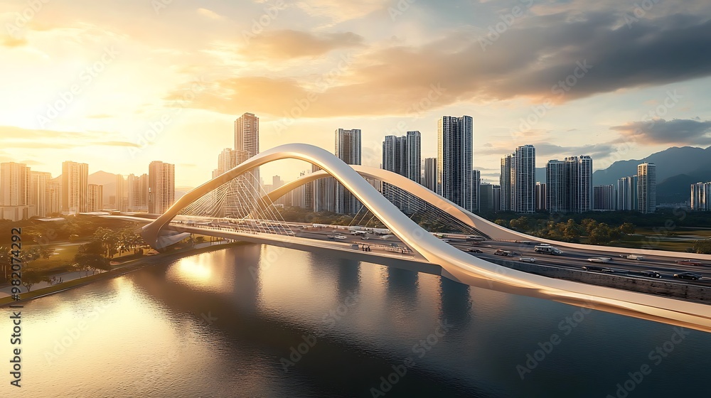 Obraz premium Modern Bridge Spanning City Skyline at Sunset