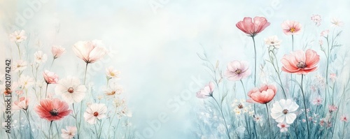 Wildflower meadow, soft pastel hues, pure and delicate blooms, watercolor style