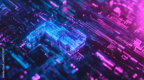 Cyber security theme represented by a cryptic spectrum in blue and purple, creating a striking wallpaper that emphasizes the key concepts of protection and digital safety.